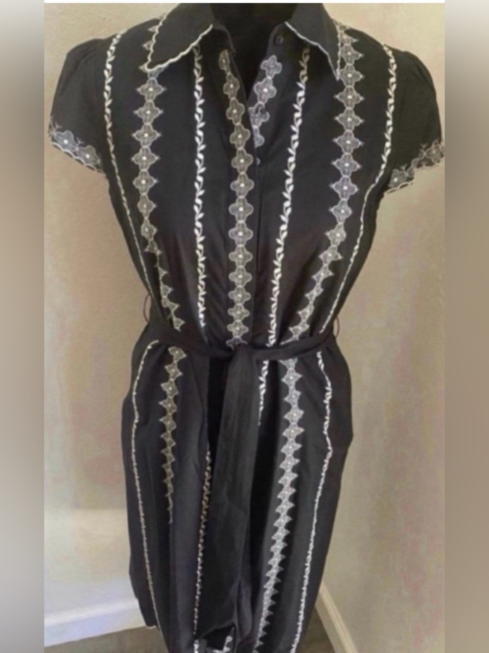 Women’s Black Embroidered Shirt Dress with Waist Tie (Size S)